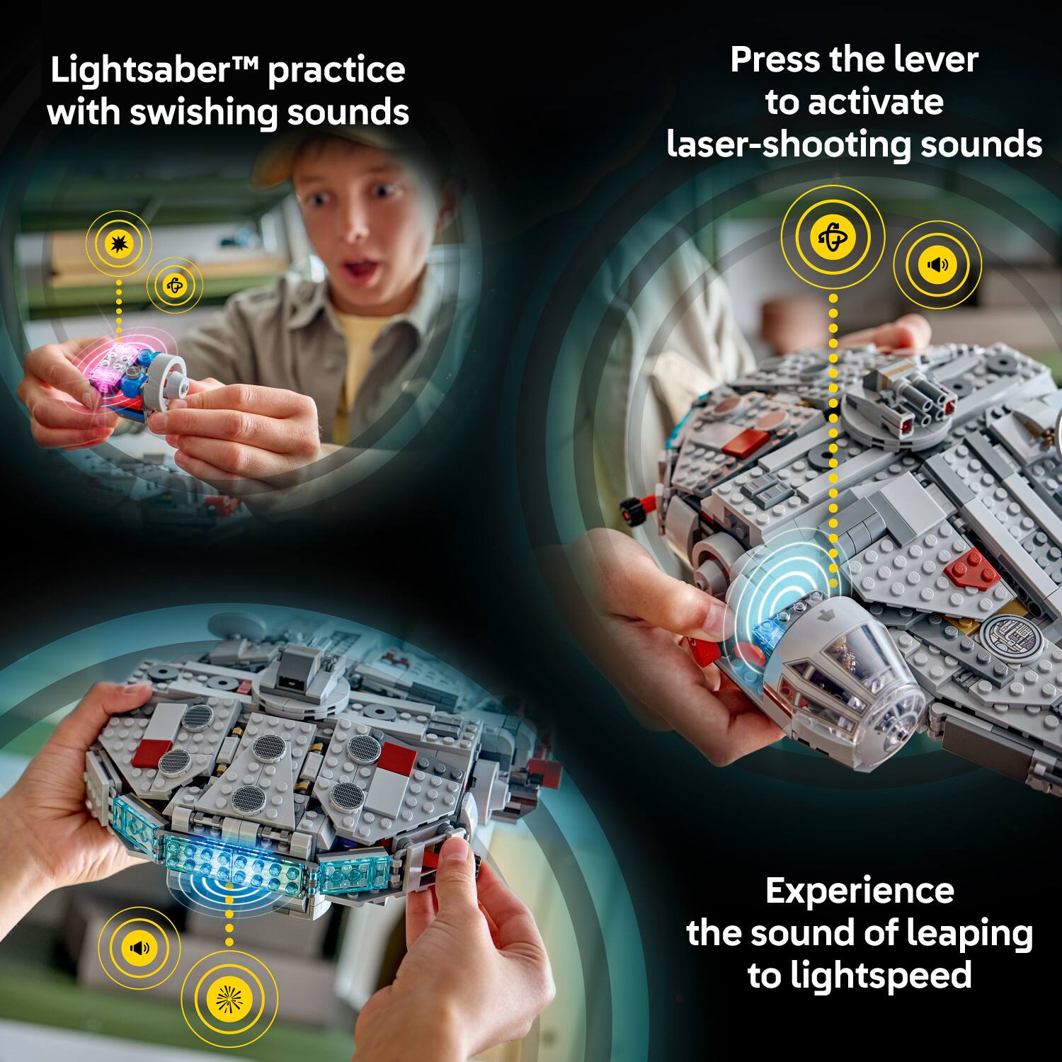 Lightsaber™ practice with swishing sounds

Press the lever to activate laser-shooting sounds

Experience the sound of leaping to lightspeed