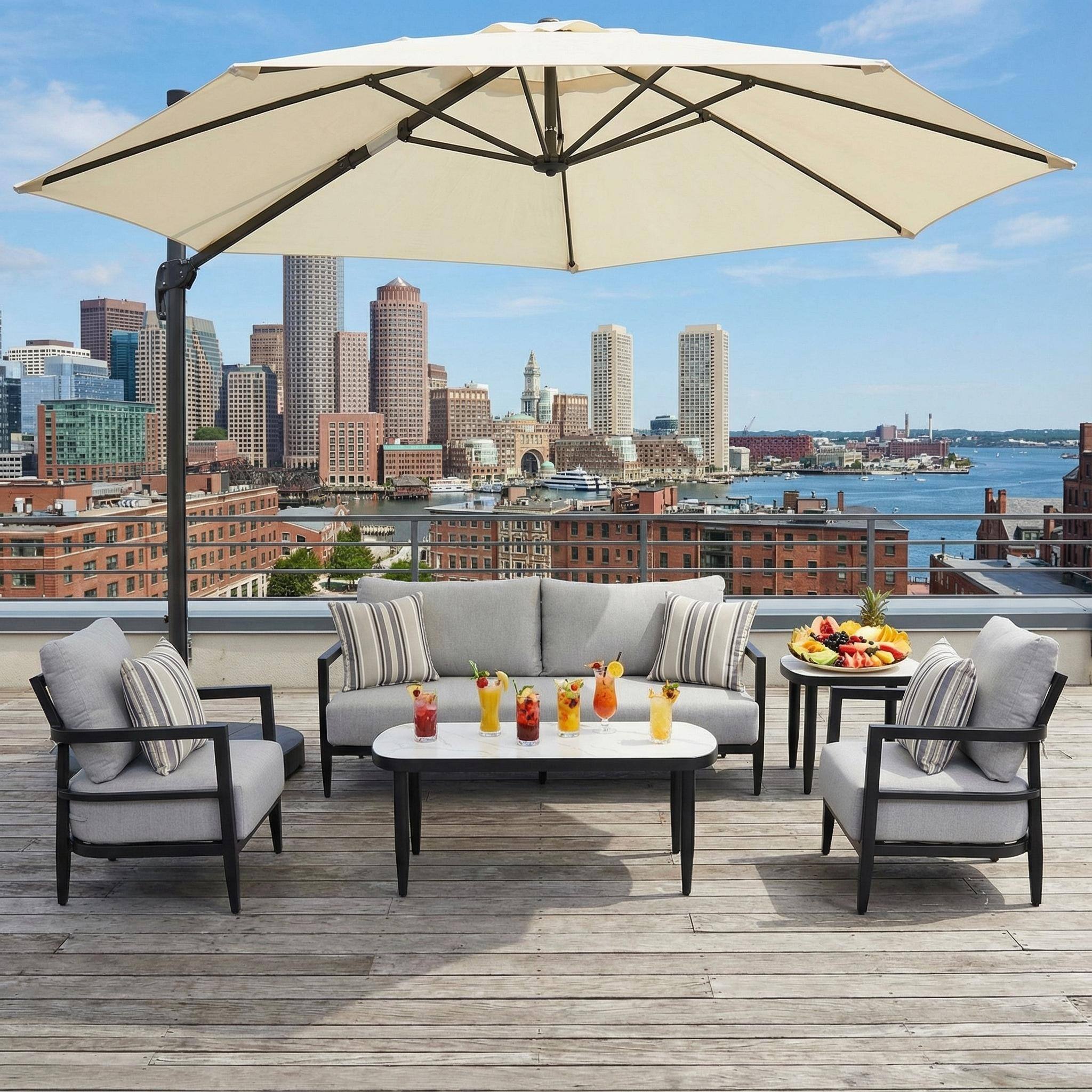 Left. Mondawe - 5-Piece Outdoor Conversation Set with Fully Weld Club Chairs, Bench Sofa, Marble-Inspired Tables and Sunbrella Cushions - Ember Black+Grey.