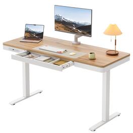 OffiGo - 55 Inch Electric Standing Desk with Storage, Height Adjustable Sit Stand Table with Charging Station for Home Office - Maple+White