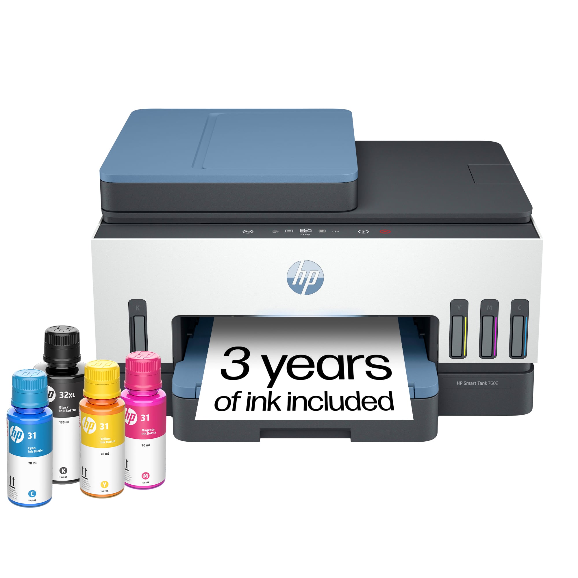 HP Smart Tank 7002
3 years of ink included
HP 31 (Cyan) 79 ml
HP 31 (Magenta) 79 ml
HP 31 (Yellow) 79 ml
HP 32XL (Black) 175 ml