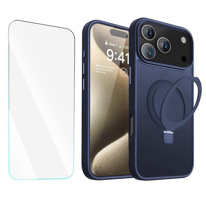 Entronix - 2-in-1 Bundle: Translucent Matte Gripstand Case & Clear Screen Protector for iPhone 17 Pro - Navy Blue