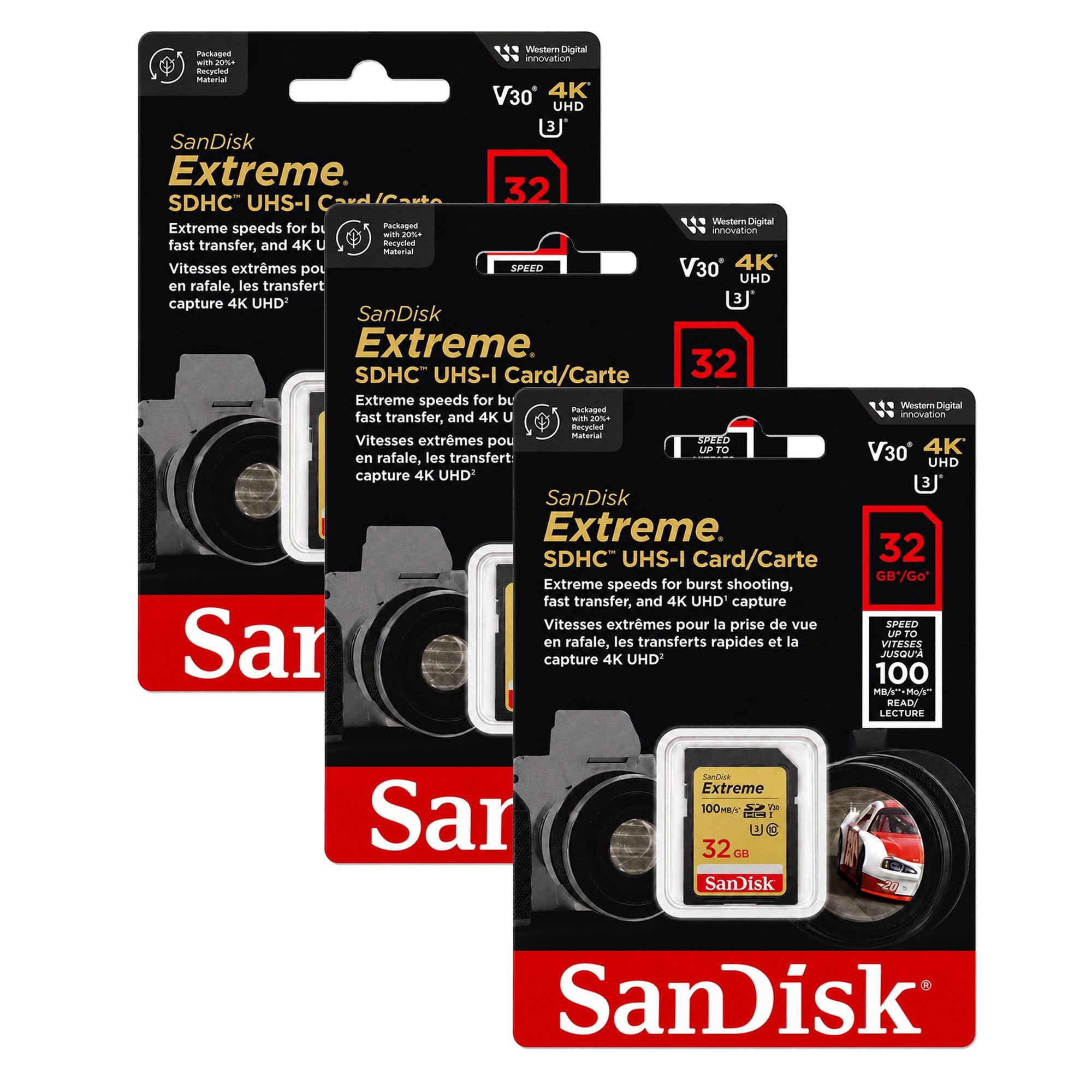 Western Digital Packaged with 20% recycled material V30 4K UHD 3 SanDisk Extreme. SDHC UHS-I 32 GB*Go Extreme speeds for burst shooting, fast transfer, and 4K UHD capture.