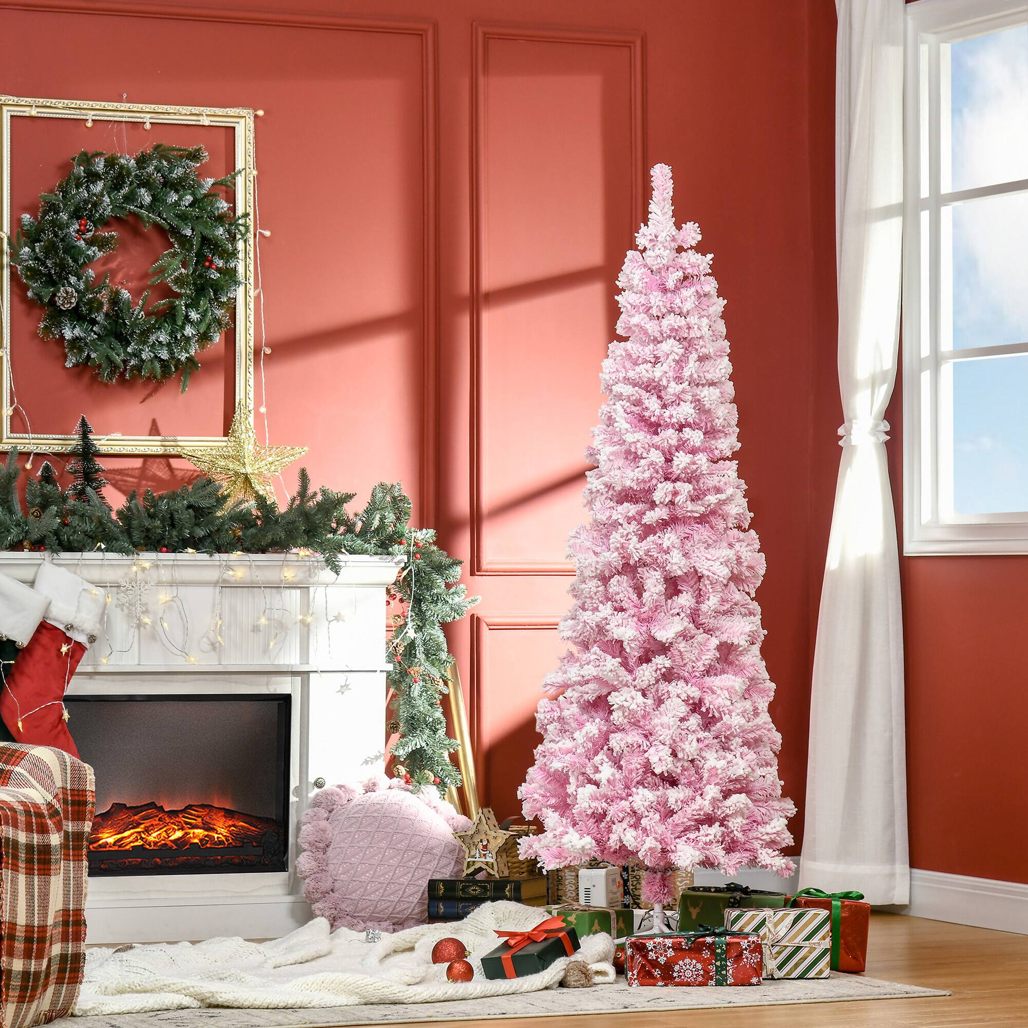 Alt View 1. Homcom - Unlit Snow Flocked Artificial Pencil Christmas Tree, Slim Pine Shape, Realistic Branches - pink.