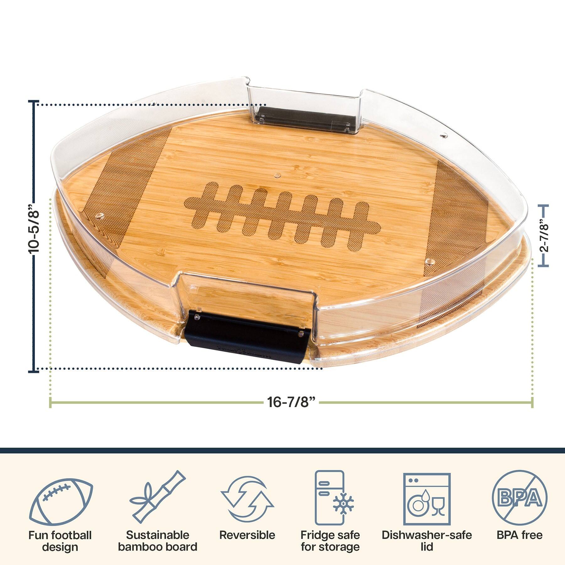 10-5/8" 2-7/8" 16-7/8" BP Fun football design Sustainable Reversible Fridge safe Dishwasher-safe BPA free bamboo board for storage lid
