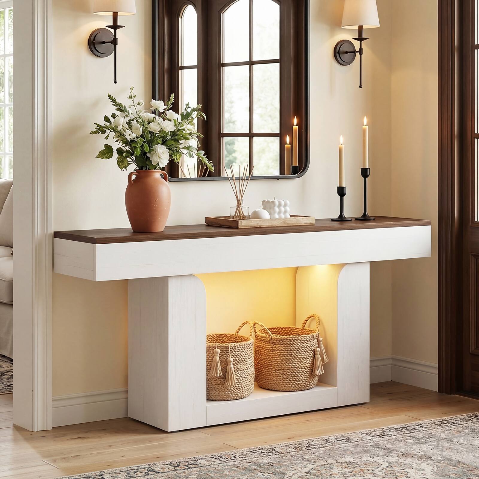 Alt View 3. Aheaplus - 63" Farmhouse Console Table - LED Lights & Charging Station, Narrow Sofa Table for Entryway, Living Room & Hallway - White & Brown.