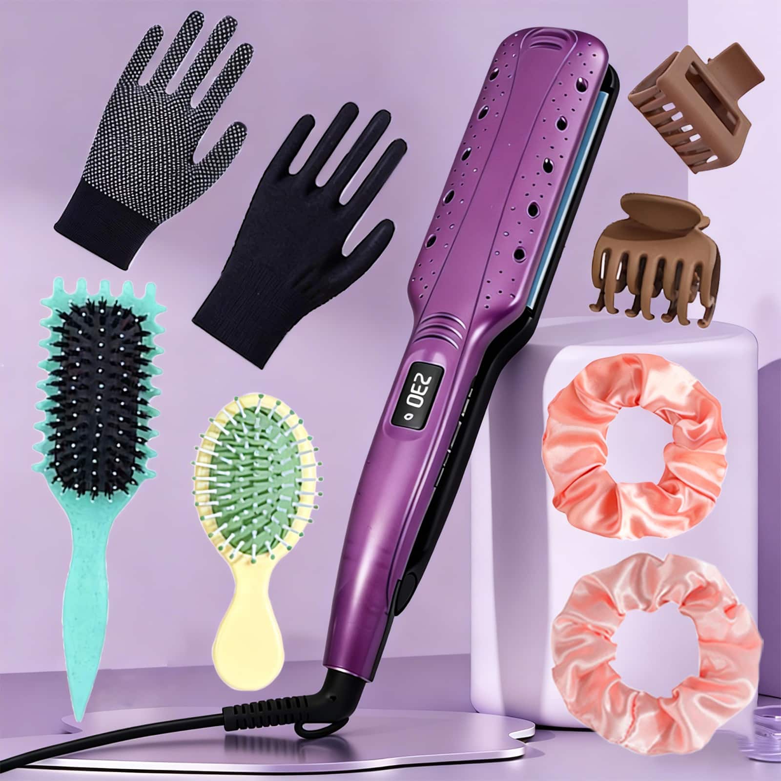 Morfone - 9-Piece Portable Hair Straightener Set, Home Use Digital Display Wide-Barrel Straightening and Curling Iron