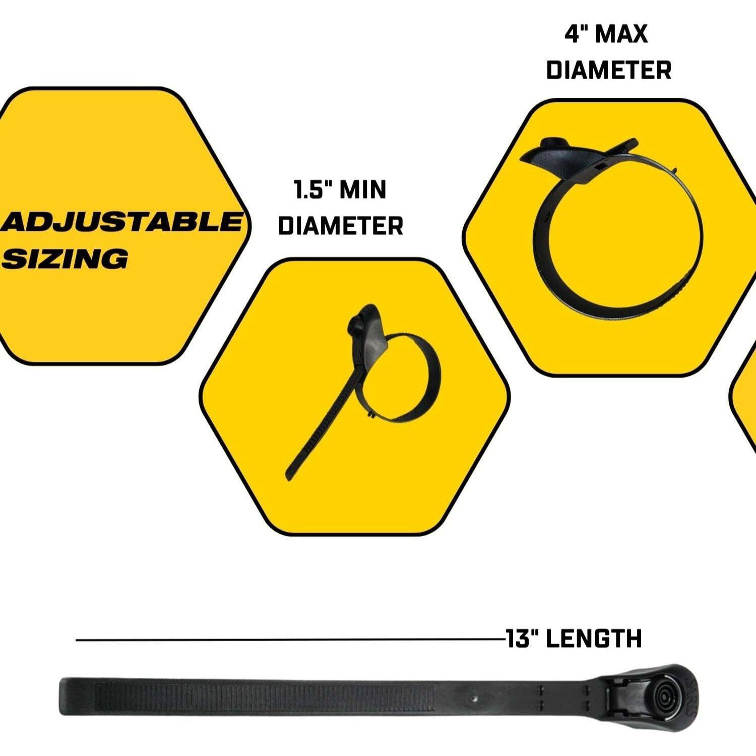 4" MAX DIAMETER  
1.5" MIN ADJUSTABLE DIAMETER  
13" LENGTH