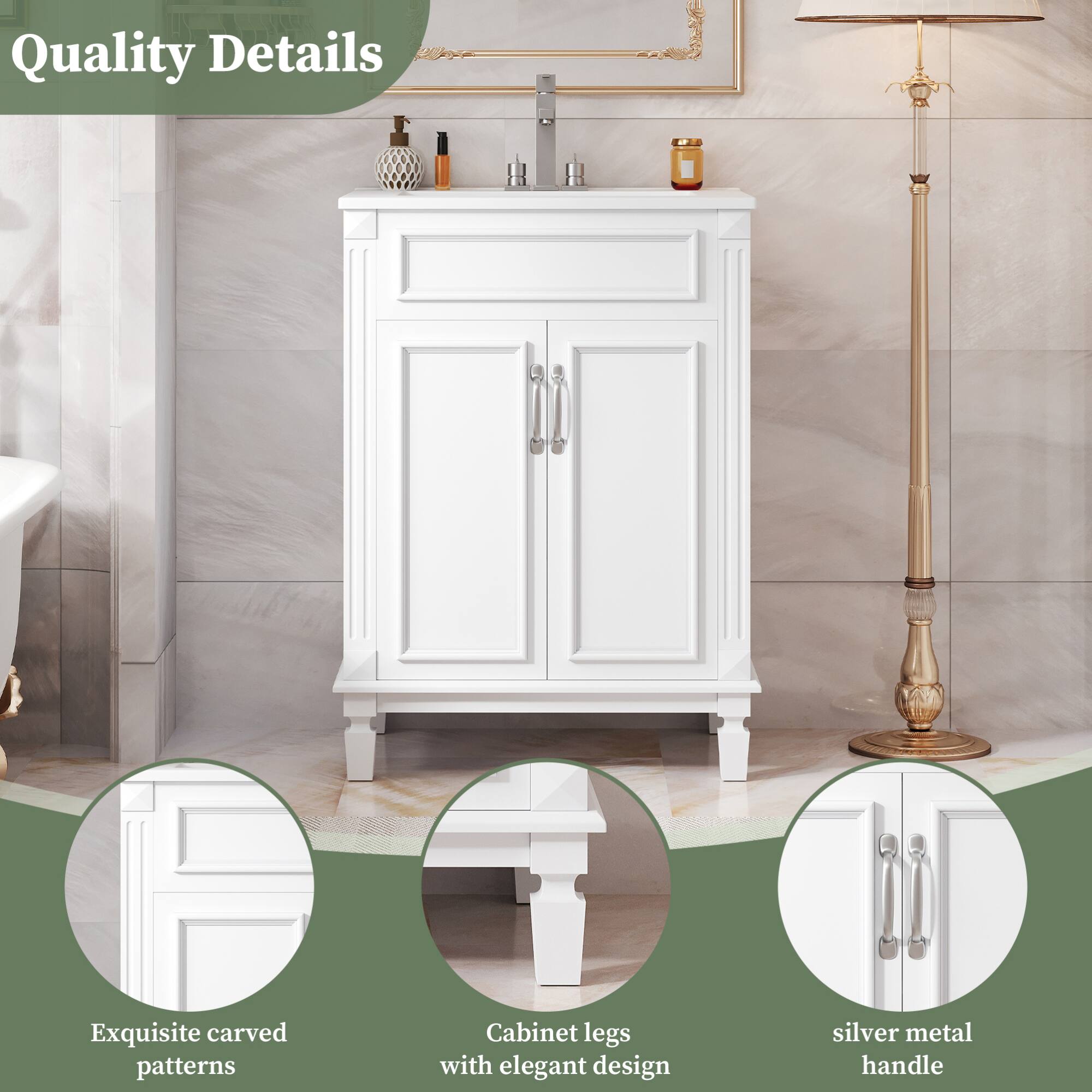 Quality Details

- Exquisite carved patterns
- Cabinet legs with elegant design
- Silver metal handle