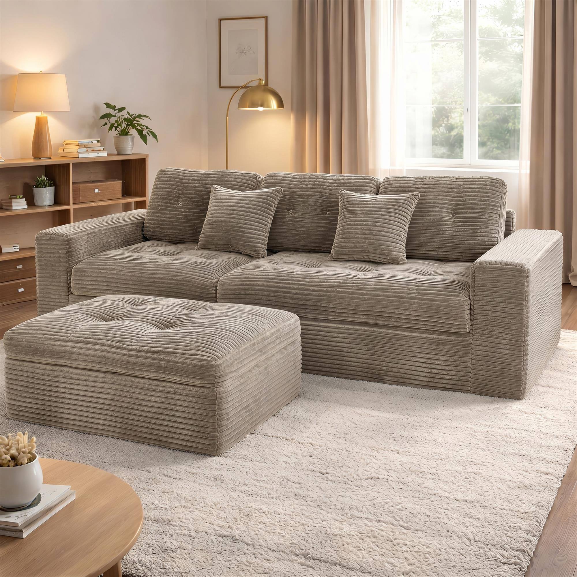 Alt View 1. Boyel Living - Khaki Modular Cloud Sofa Set 105" DIY Sectional with Ottoman Pure Foam Faux Rabbit Fur Velvet - Khaki.