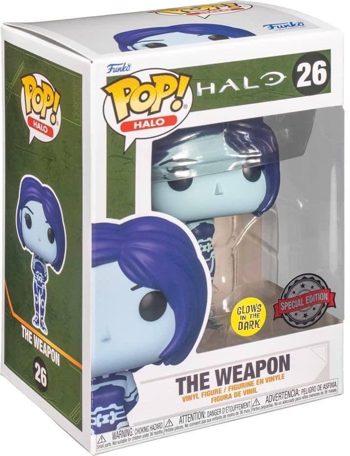 Funko POP! HALO 26  
THE WEAPON  
VINYL FIGURE / FIGURINE EN VINYLE  
SPECIAL EDITION  
GLOWS IN THE DARK  

WARNING: CHOKING HAZARD - Small parts. Not for children under 3 years.  
ADVERTENCIA: PESEGO DE ASFIXIA. No es adecuado para niños menores de 36 meses.  
ATTENTION: DANGER D'ÉTOUFFEMENT. Parties petites. Ne convient pas aux enfants de moins de 36 mois.