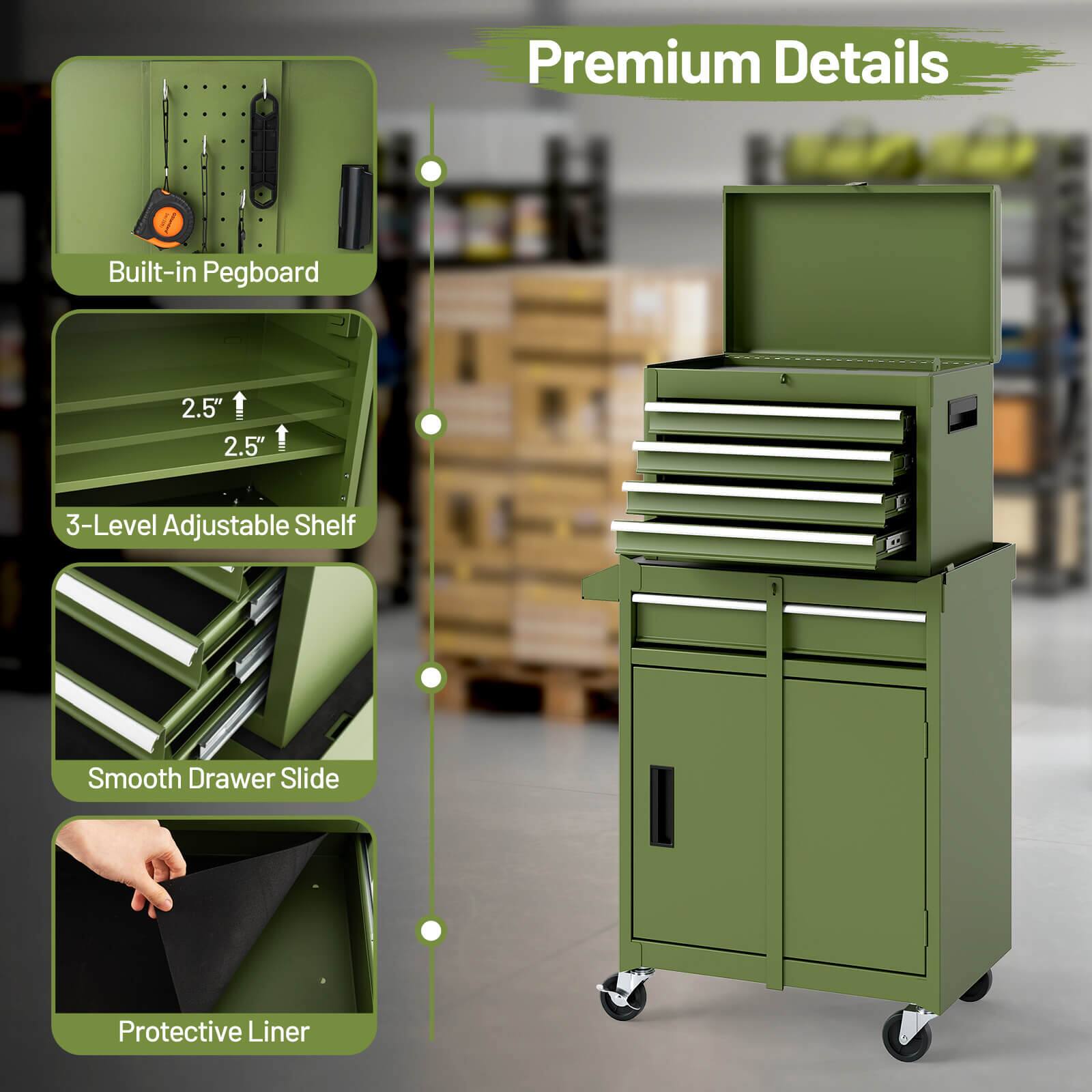 Premium Details

- Built-in Pegboard
- 3-Level Adjustable Shelf
  - 2.5" 2.5"
- Smooth Drawer Slide
- Protective Liner