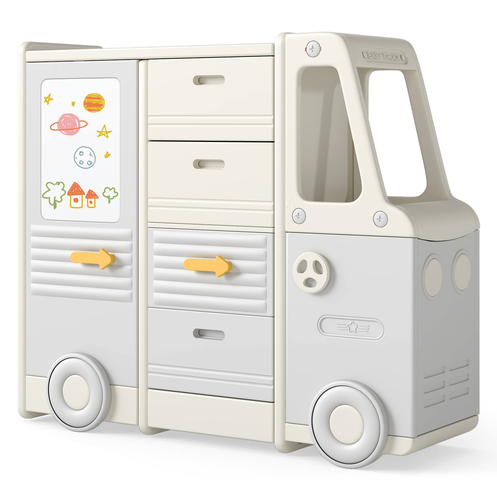 Front. Gymax - Gymax Kids Toy Storage Organizer w/4 Pull-out Drawers & Handles Large & Small Cabinets - Grey.