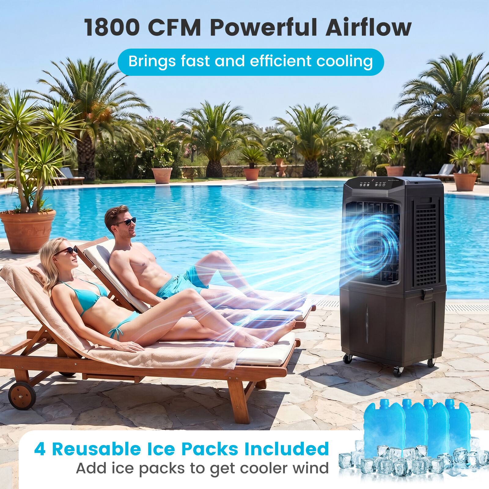1800 CFM Powerful Airflow  
Brings fast and efficient cooling  

4 Reusable Ice Packs Included  
Add ice packs to get cooler wind