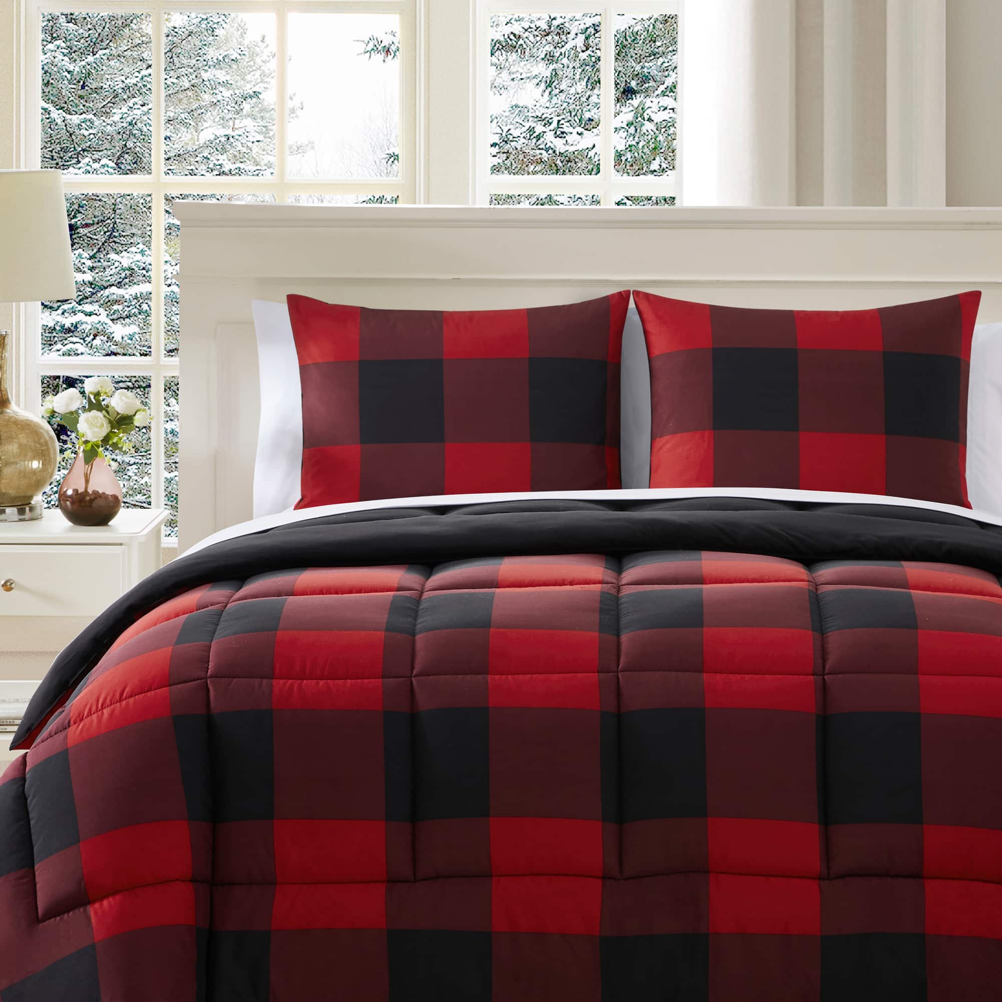 Sweet Home Collection - 7 Piece Buffalo Plaid Bed in a Bag Comforter and Sheet Set - Full - Black/Red