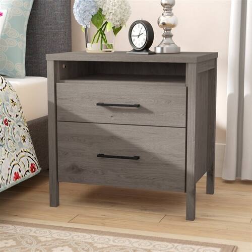 Angle. SlickBlue - Contemporary Nightstand with 2 Drawers and Open Cubby Shelf - Grey.