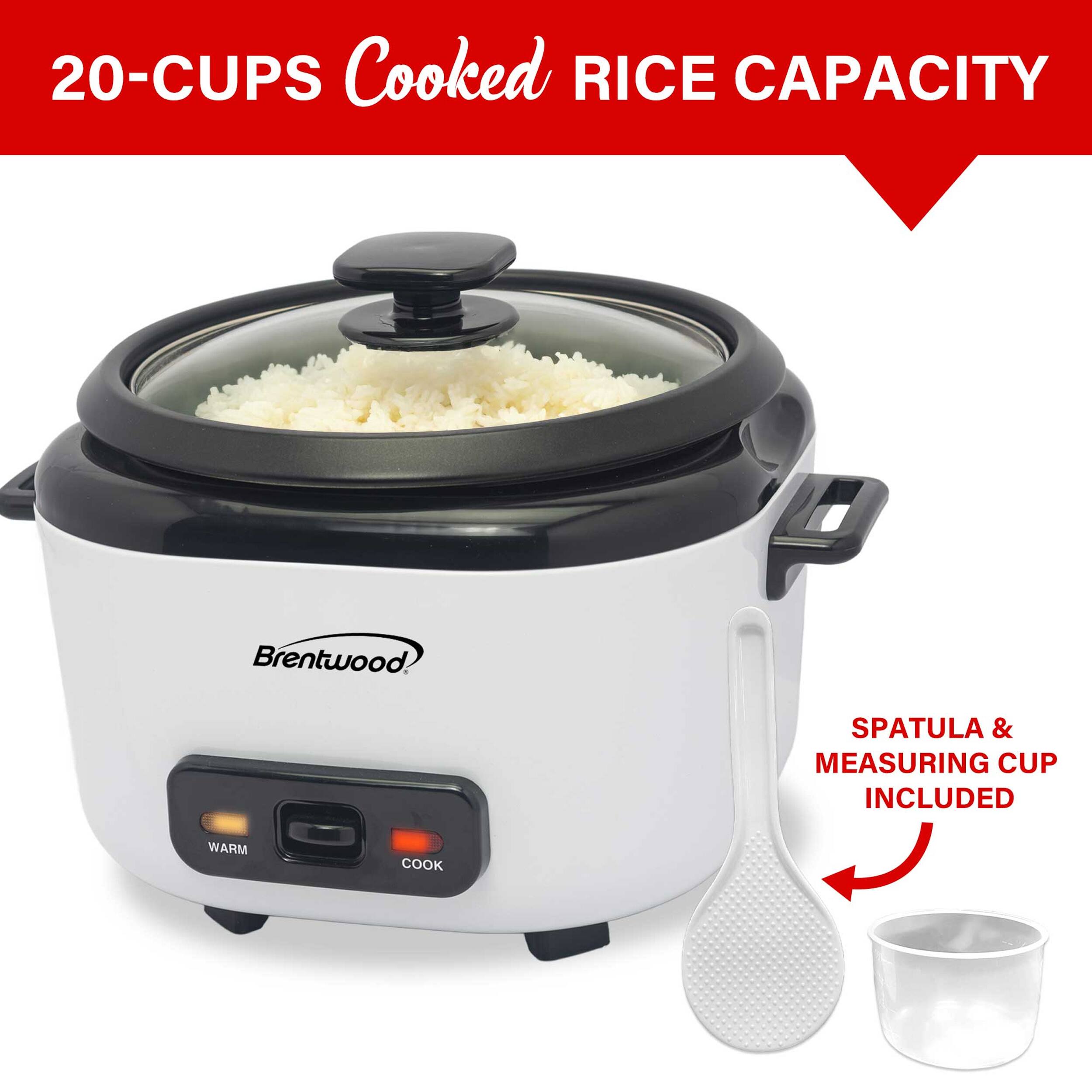 20-CUPS Cooked RICE CAPACITY Brentwood. SPATULA & MEASURING CUP INCLUDED WARM COOK