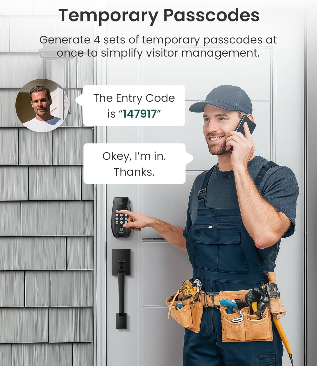Temporary Passcodes

Generate 4 sets of temporary passcodes at once to simplify visitor management.

The Entry Code is "147917"

Okey, I'm in. Thanks.