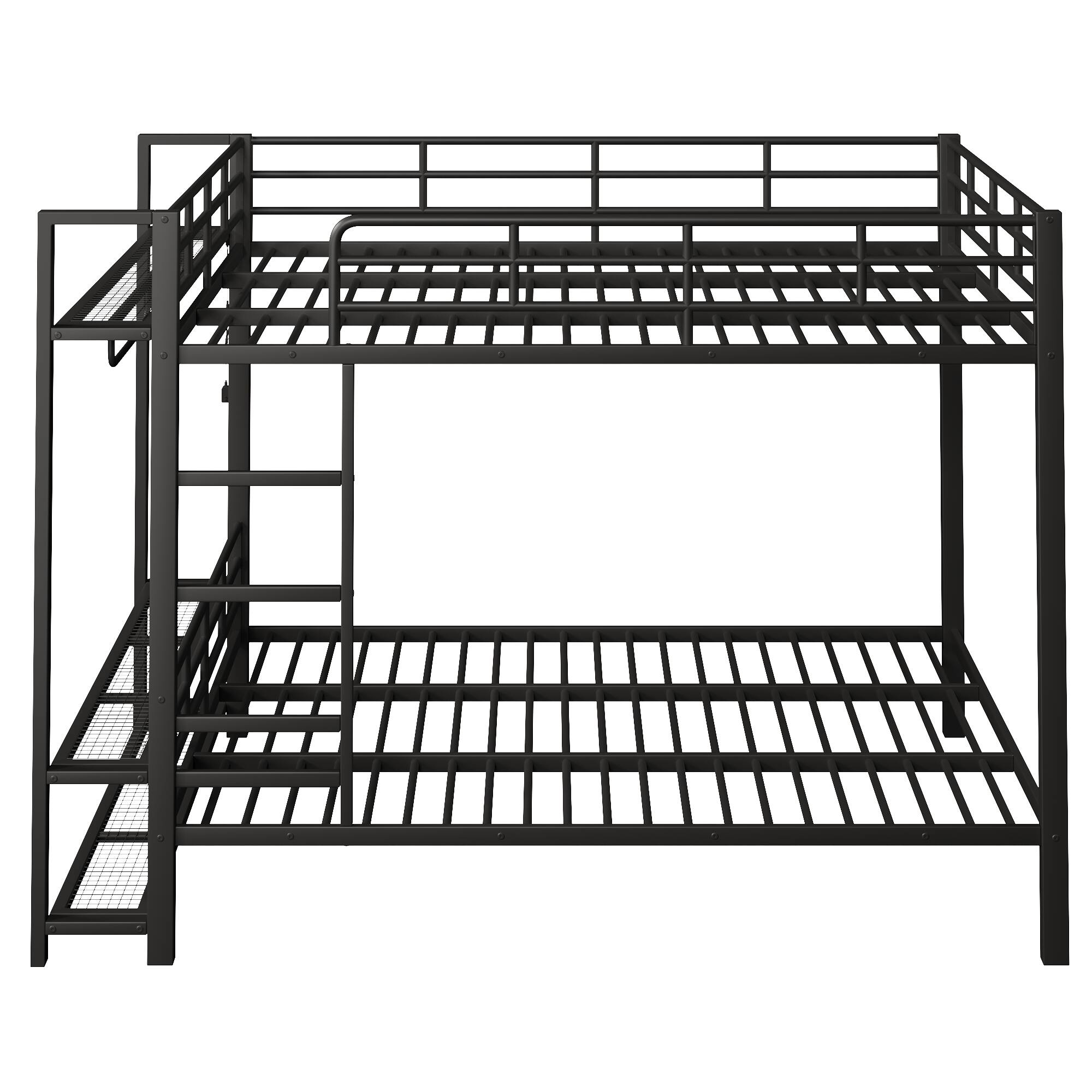 Back. Whisen - Queen Size Metal Bunk Bed with Storage Shelves & Clothes Hooks, LED Light - Black.