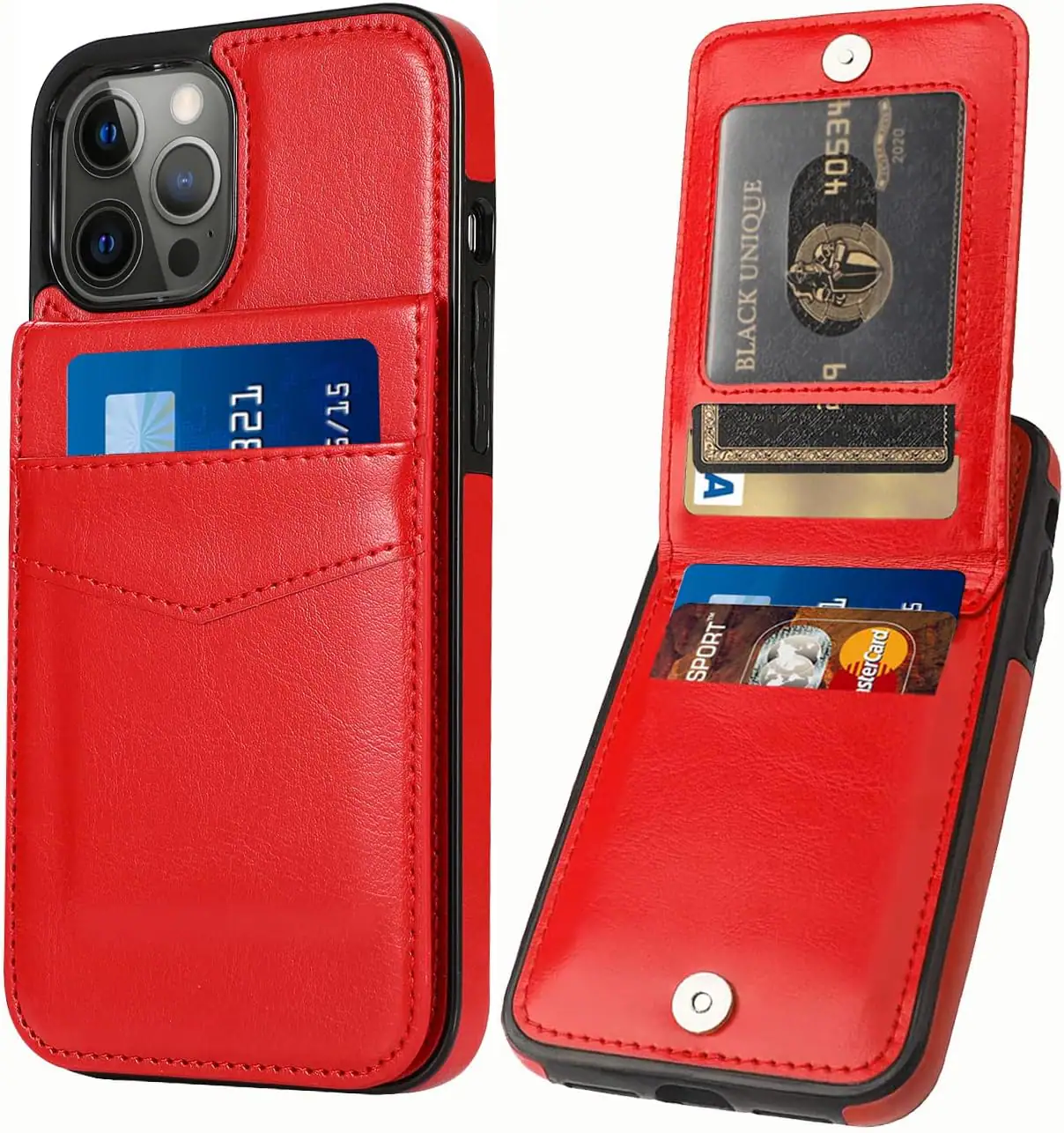 Entronix - Slim Leather Wallet Case for iPhone 14 Pro Max with 6 Slot Card Holder - Red
