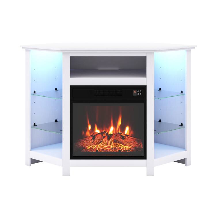 Front. SlickBlue - Corner Fireplace TV Stand with LED Lights and Smart App Control for Living Room - White.