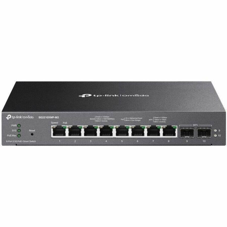 TP-Link Omada SG2210XMP-M2

- 8-Port 2 SFP+ PoE+ Smart Switch
- Speed: 10/100/1000 Mbps
- PoE: Delivering Power
- PoE Max: 250W
- SFP+ Ports: 2
- Ports: 1 to 8 (10/100/1000 Mbps, Auto Negotiation, Link/Act LED)
- PoE (PoE+, Delivering Power, PoE+ Over Budget)
- SFP+ (10/100/1000 Mbps, Auto Negotiation, Link/Act LED)
- PWR, SYS, Reset LEDs
- 100m Reach
- 100kgm Reach
