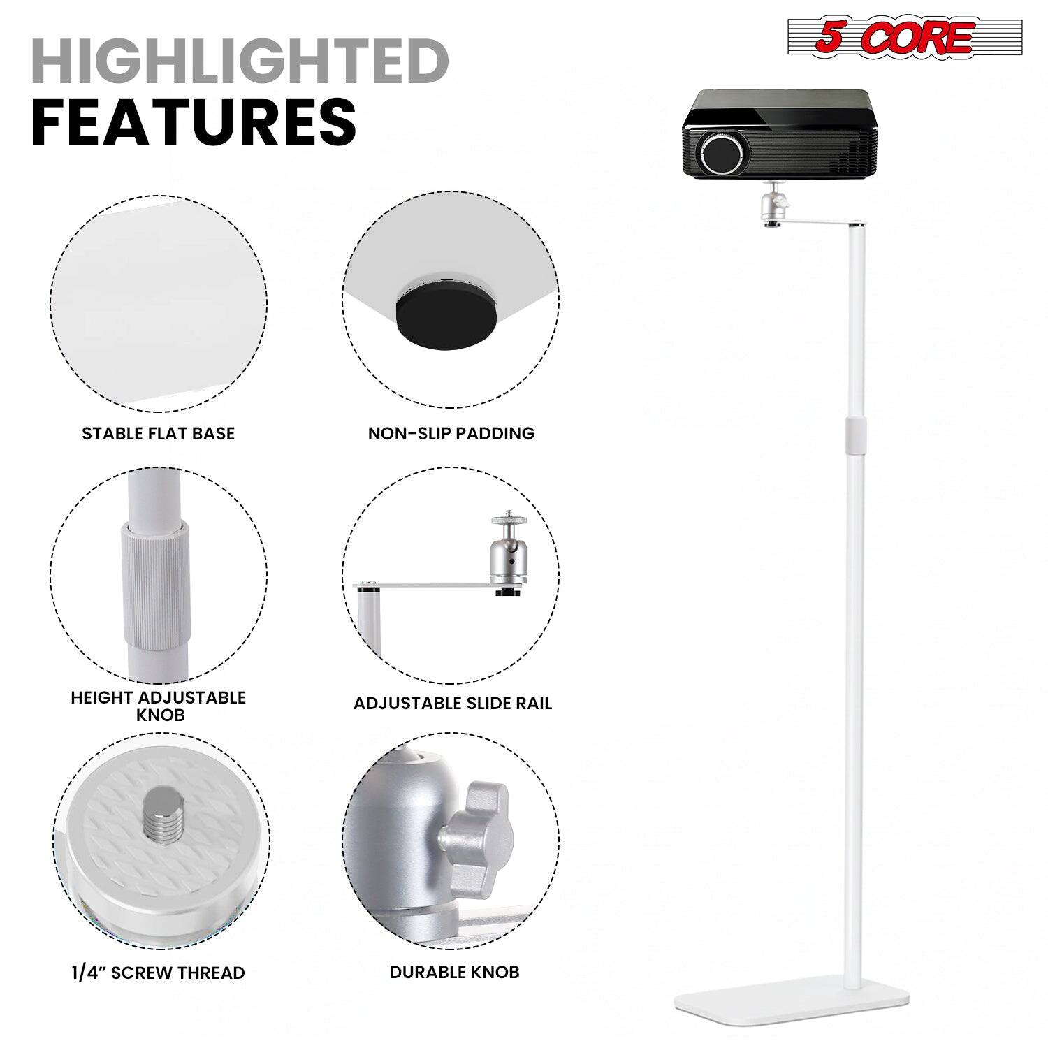 HIGHLIGHTED FEATURES

5 CORE

- STABLE FLAT BASE
- NON-SLIP PADDING
- HEIGHT ADJUSTABLE KNOB
- ADJUSTABLE SLIDE RAIL
- 1/4" SCREW THREAD
- DURABLE KNOB