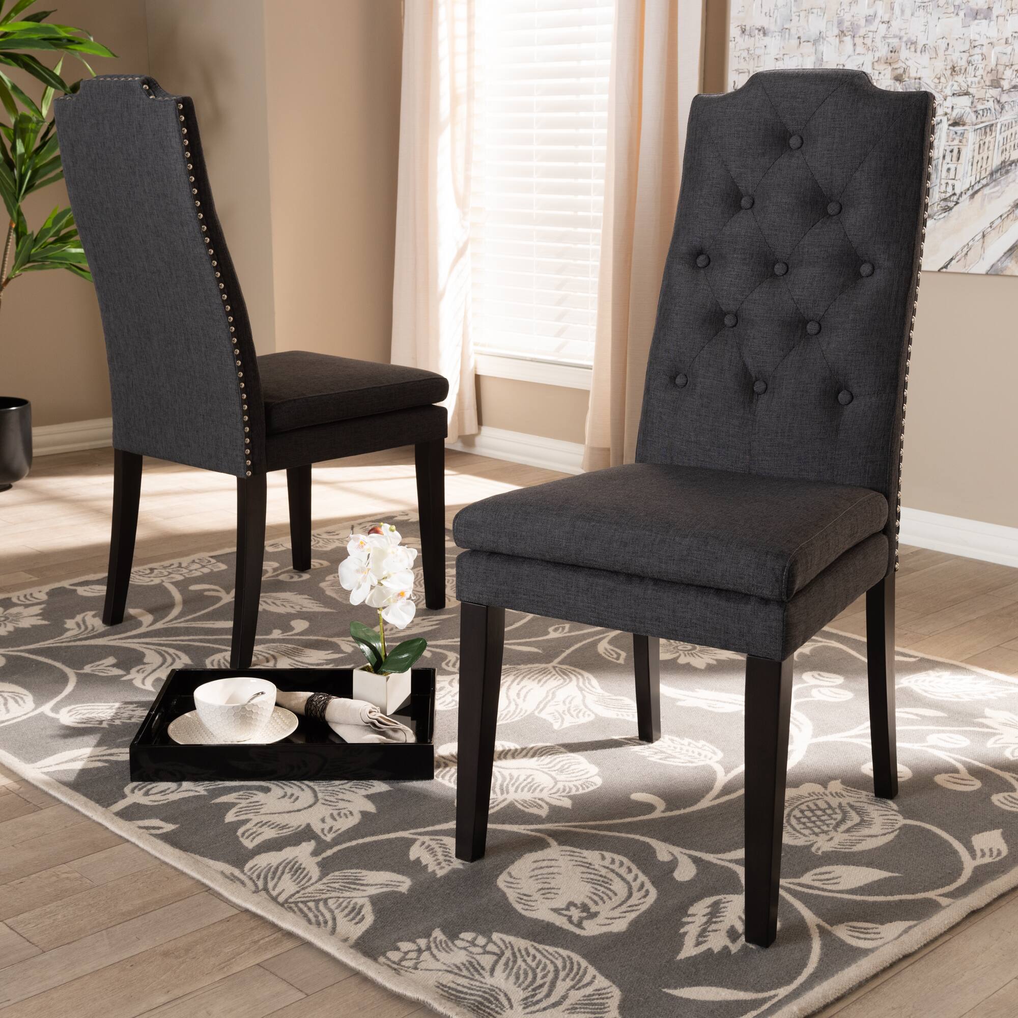 Alt View 1. Baxton Studio - Dylin Modern and Contemporary Fabric Upholstered Button Tufted Wood Dining Chair Set - Charcoal.
