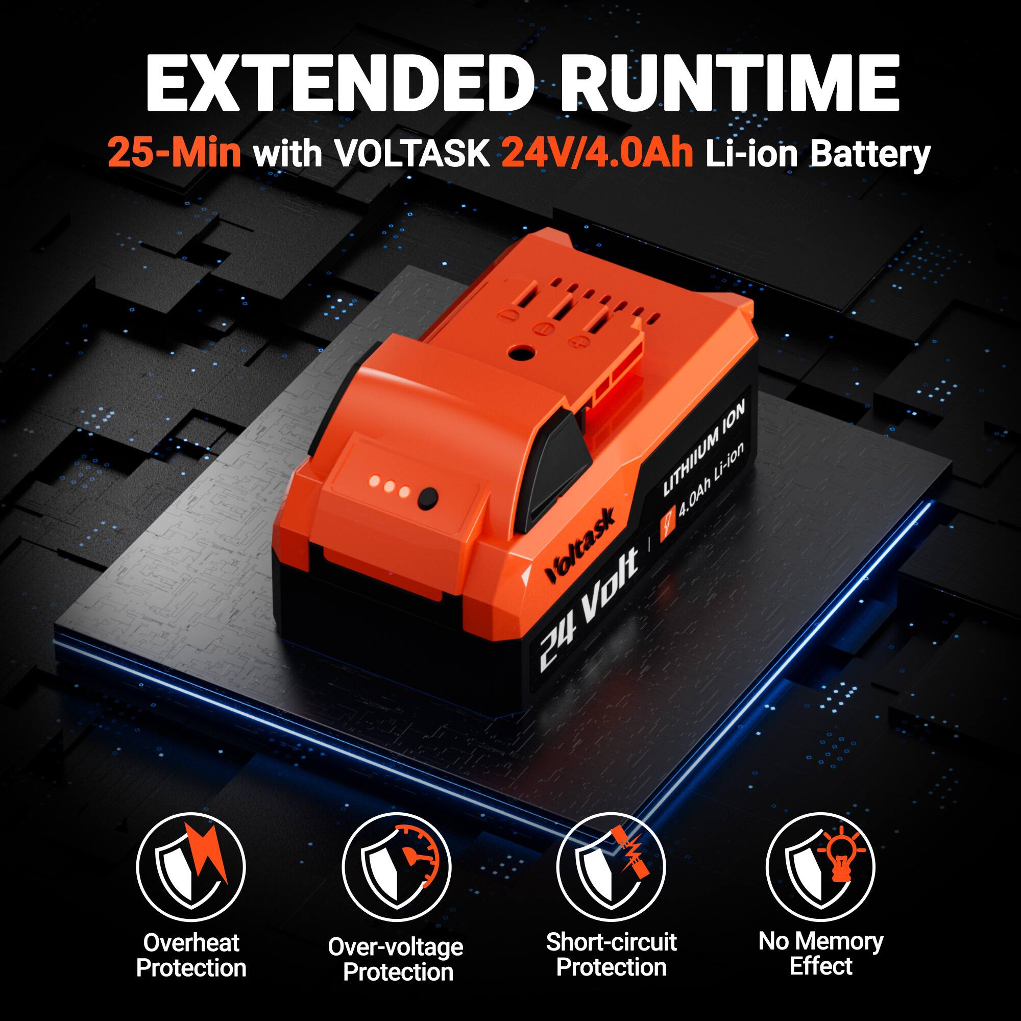 EXTENDED RUNTIME  
25-Min with VOLTASK 24V/4.0Ah Li-ion Battery  

- Overheat Protection  
- Over-voltage Protection  
- Short-circuit Protection  
- No Memory Effect
