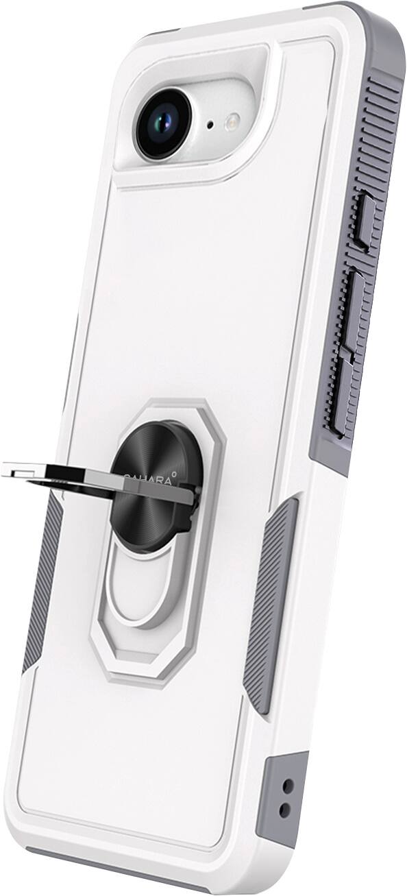 The image shows a white cell phone with a case on it. The case features a hole for the camera and a button on the side. The phone is positioned horizontally, with the camera facing upwards. The case provides protection for the phone and adds a stylish touch to its design.