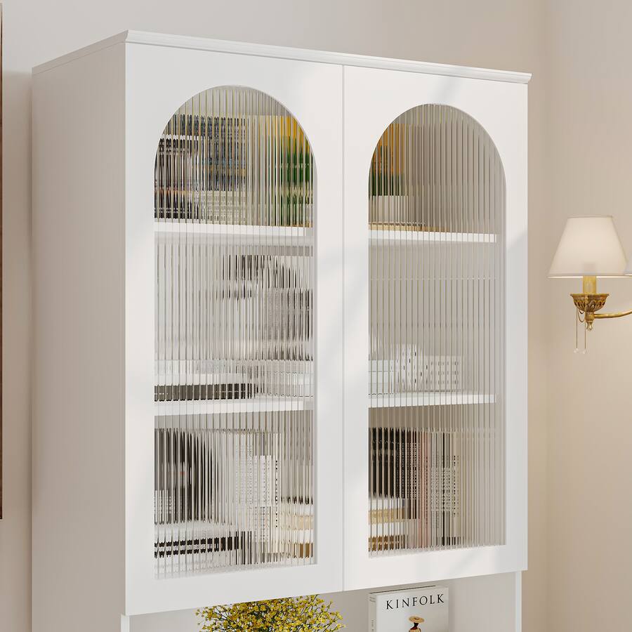 White Entry Bench Famapy French Cream Entryway Storage Bench with Fluted Glass Cabinet ...