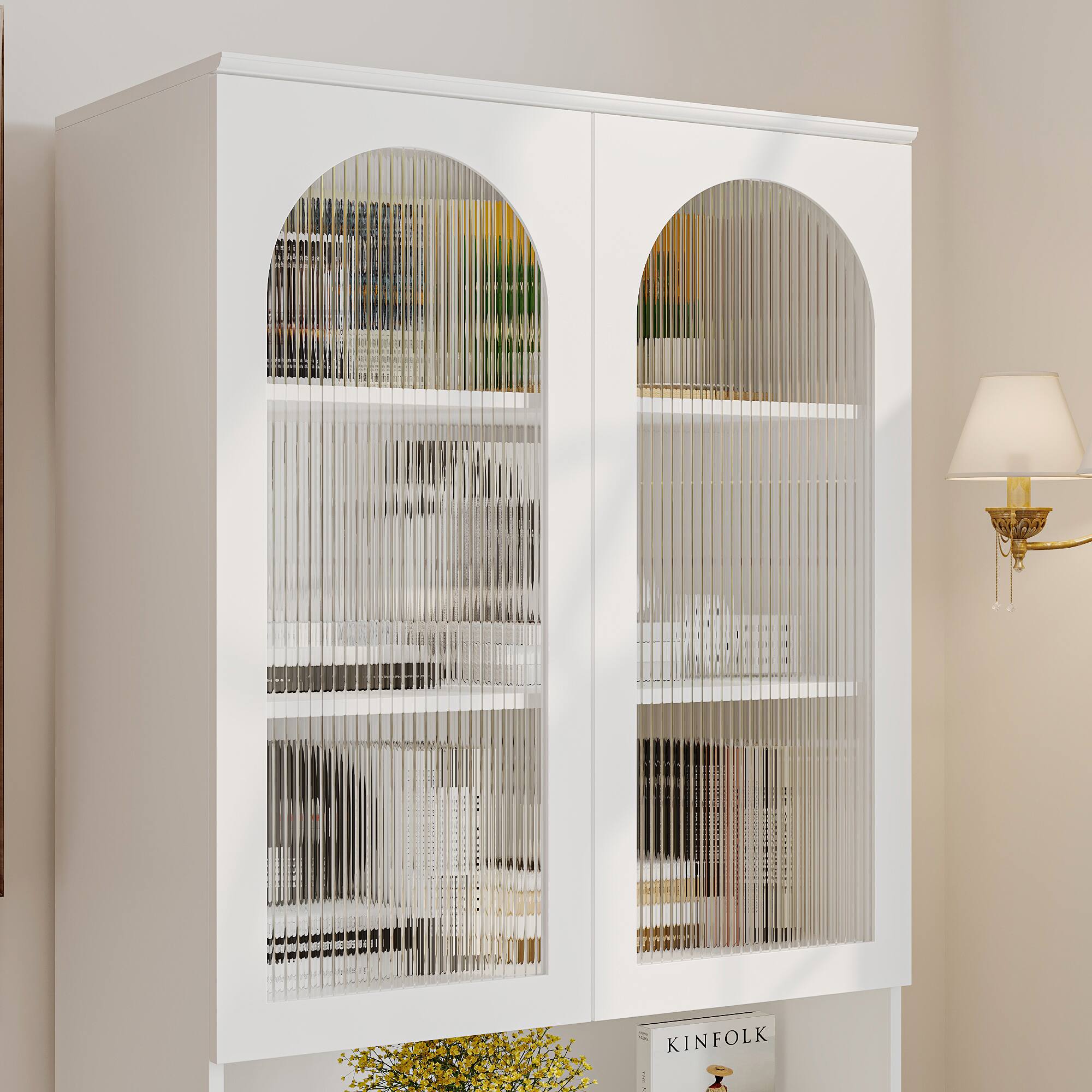 Alt View 4. Famapy - French Cream Entryway Storage Bench with Fluted Glass Cabinet and Cushioned Seat - White.