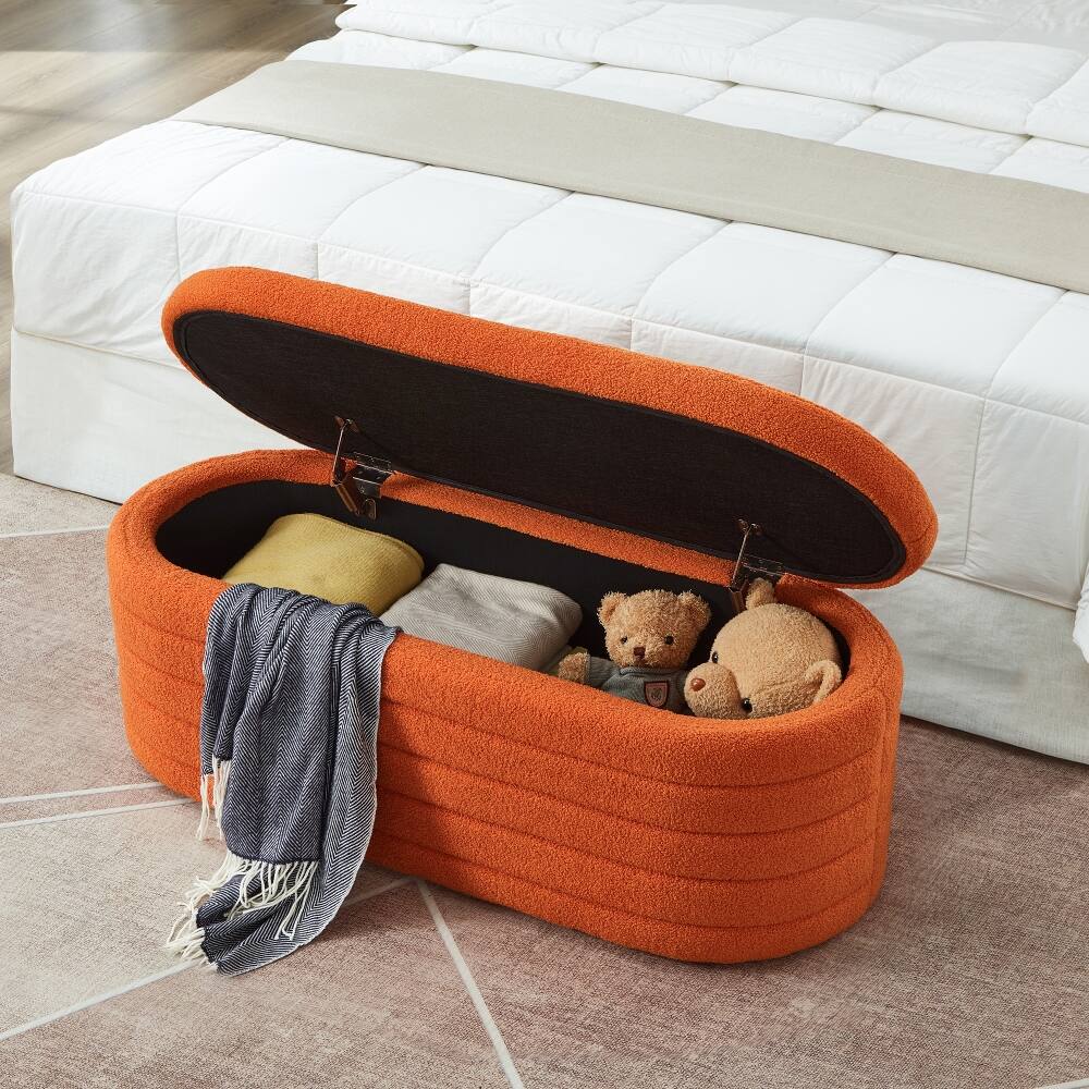 Angle. Ropilly - Ropilly Modern Oval Storage Ottoman Bench, Orange Boucle Teddy Fabric End of Bed Bench for Bedroom Entryway - Orange.