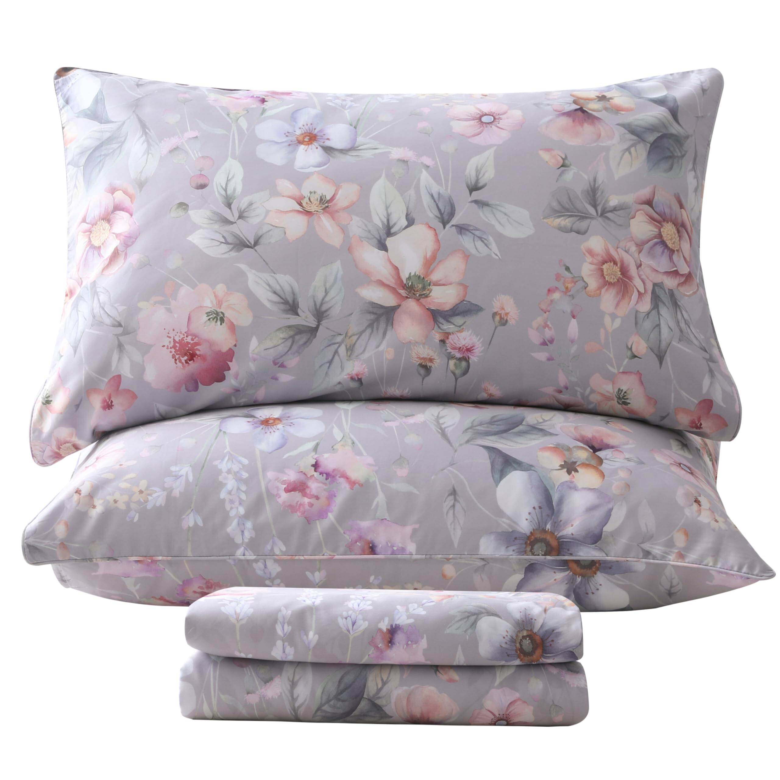 Front. Skar Audio - Floral Queen Size Sheet Sets - Flower Bird Butterfly Print Botanical Bedding Egyptian Cotton Printed Sheets... - Gray King.