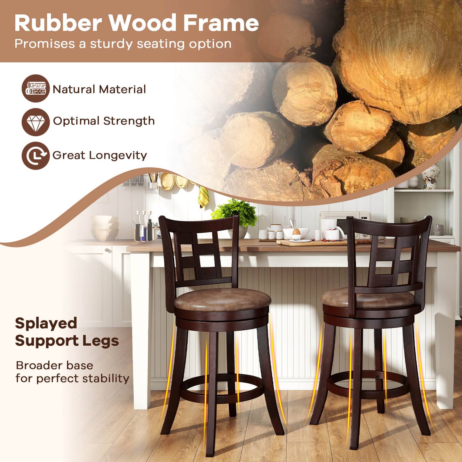 Rubber Wood Frame promises a sturdy seating option with natural material, optimal strength, and great longevity. The stools feature splayed support legs and a broader base for perfect stability.