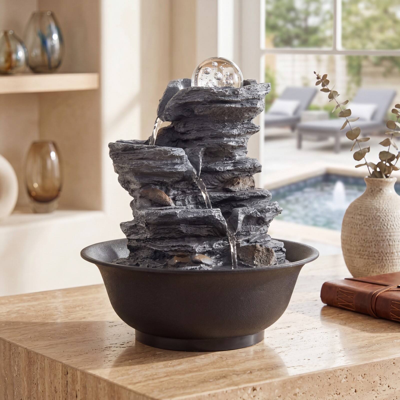 Alt View 4. Costway - Costway Tabletop Water Fountain with Rolling Crystal Ball, Color-Changing LED Light, Pump - Black.