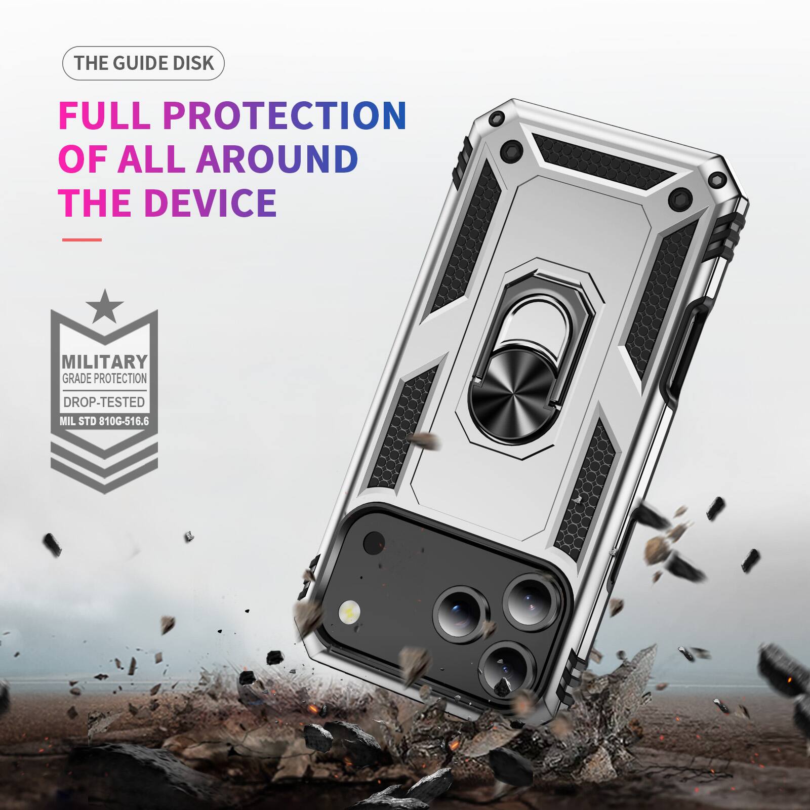 THE GUIDE DISK  
FULL PROTECTION OF ALL AROUND THE DEVICE  

MILITARY GRADE PROTECTION  
DROP-TESTED  
MIL STD 810G-516.6