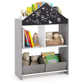 Costway - Kids Dollhouse Bookshelf with Writable Chalkboard board 4 Top Compartments - Gray