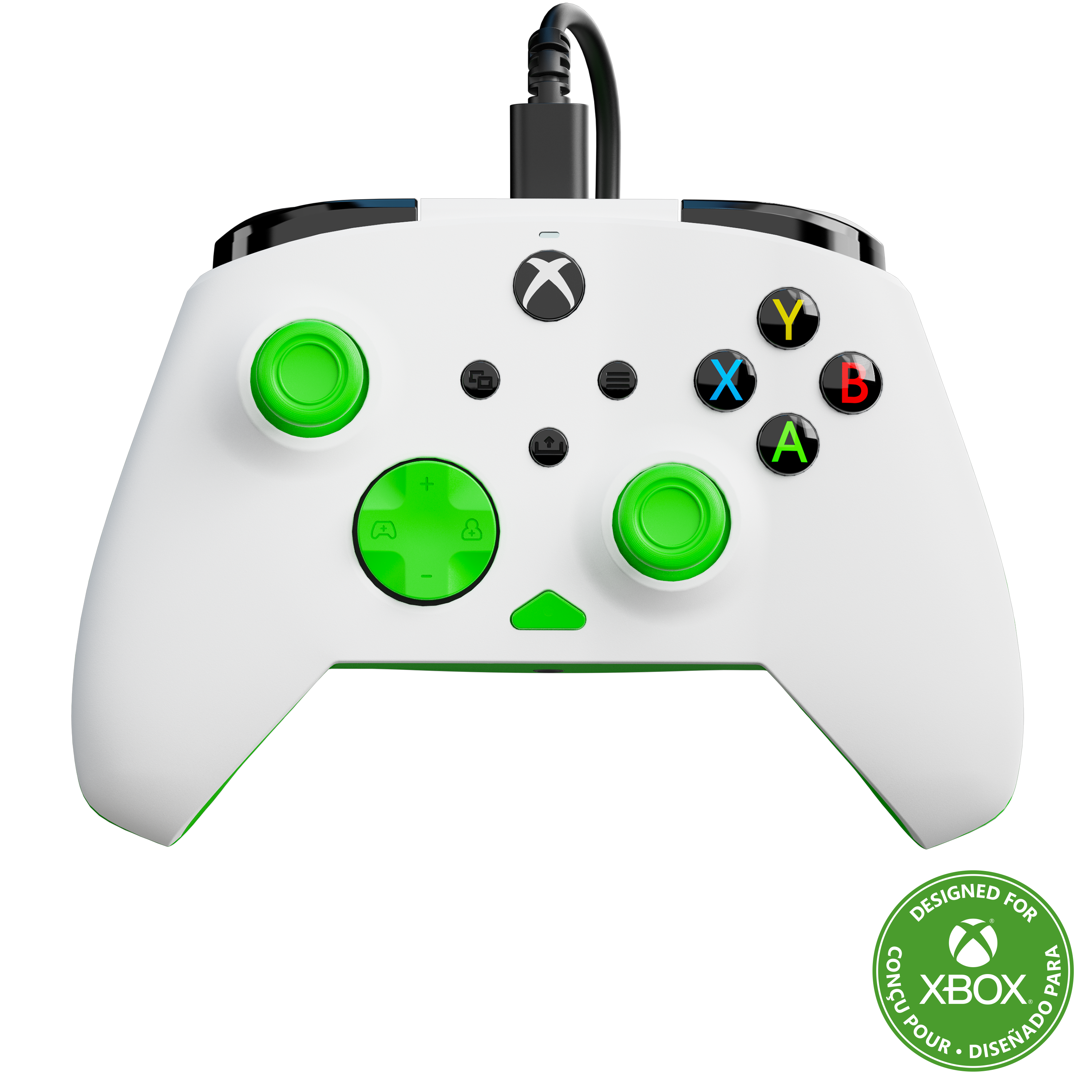 Designed for Xbox, this controller features a green X, Y, A, and B button.