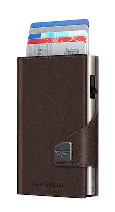 Tru Virtu - CLICK & SLIDE Coin Pocket Nappa Wallet - Brown/Silver