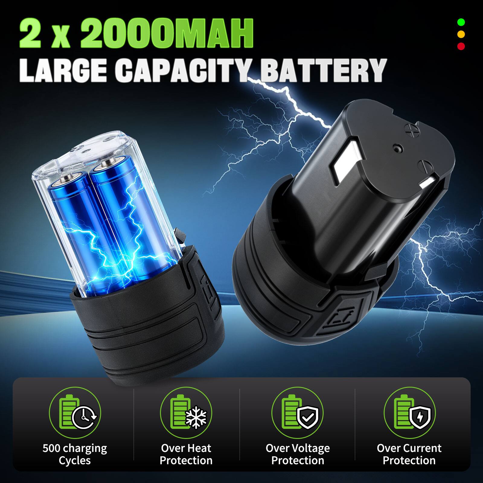 2 x 2000MAH LARGE CAPACITY BATTERY

- 500 charging Cycles
- Over Heat Protection
- Over Voltage Protection
- Over Current Protection