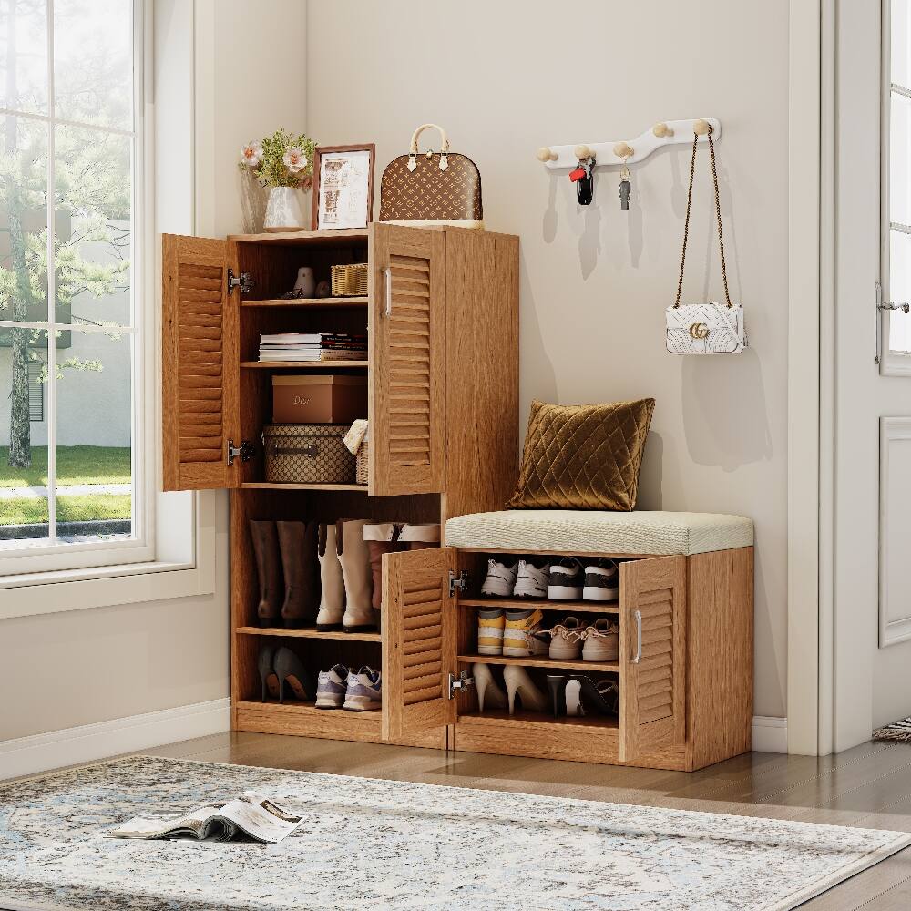 Alt View 1. Loheer - Loheer oak shoe storage cabinet with bench and louvered doors - Oak.
