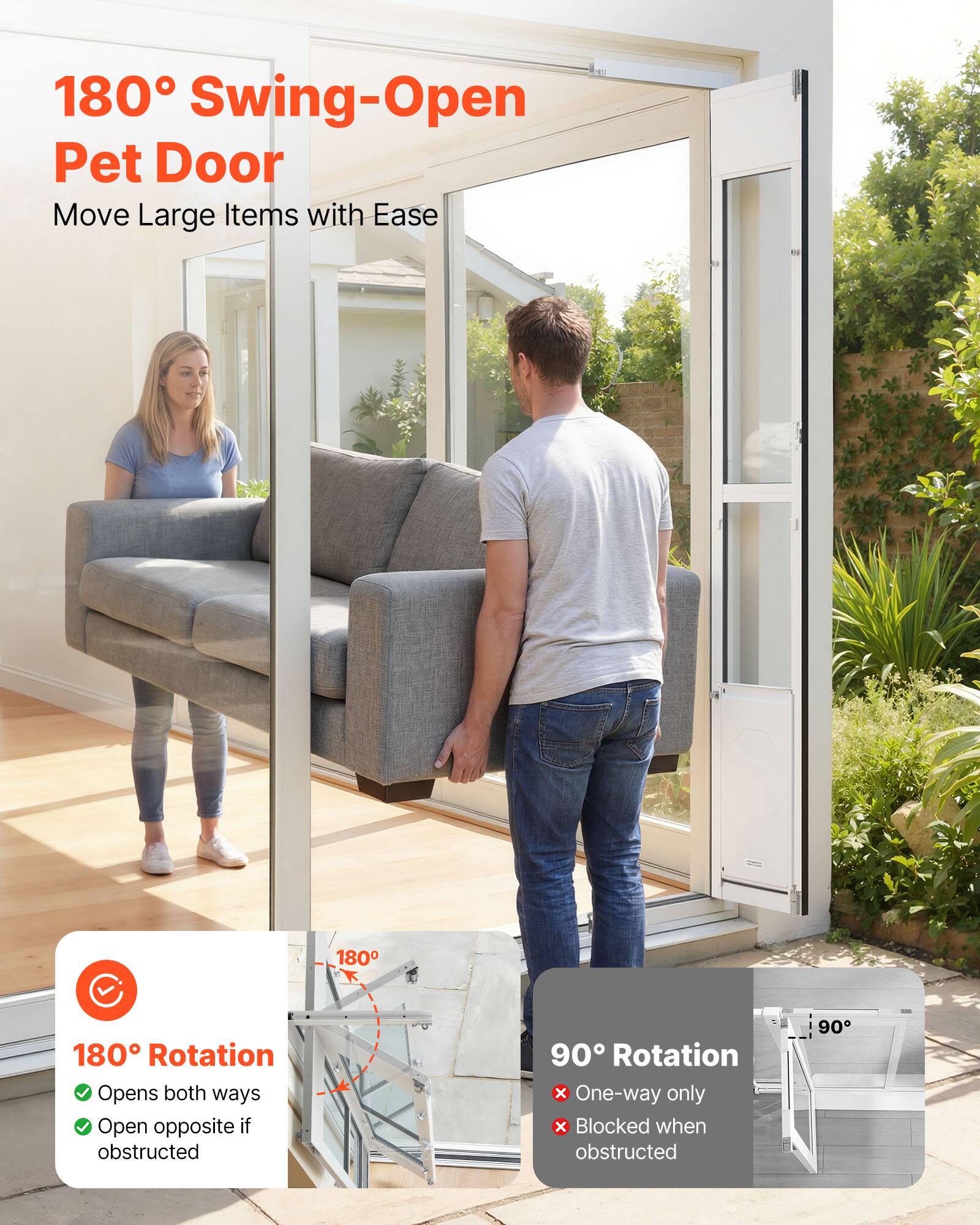 180° Swing-Open Pet Door  
Move Large Items with Ease  

180° Rotation  
- Opens both ways  
- Open opposite if obstructed  

90° Rotation  
- One-way only  
- Blocked when obstructed