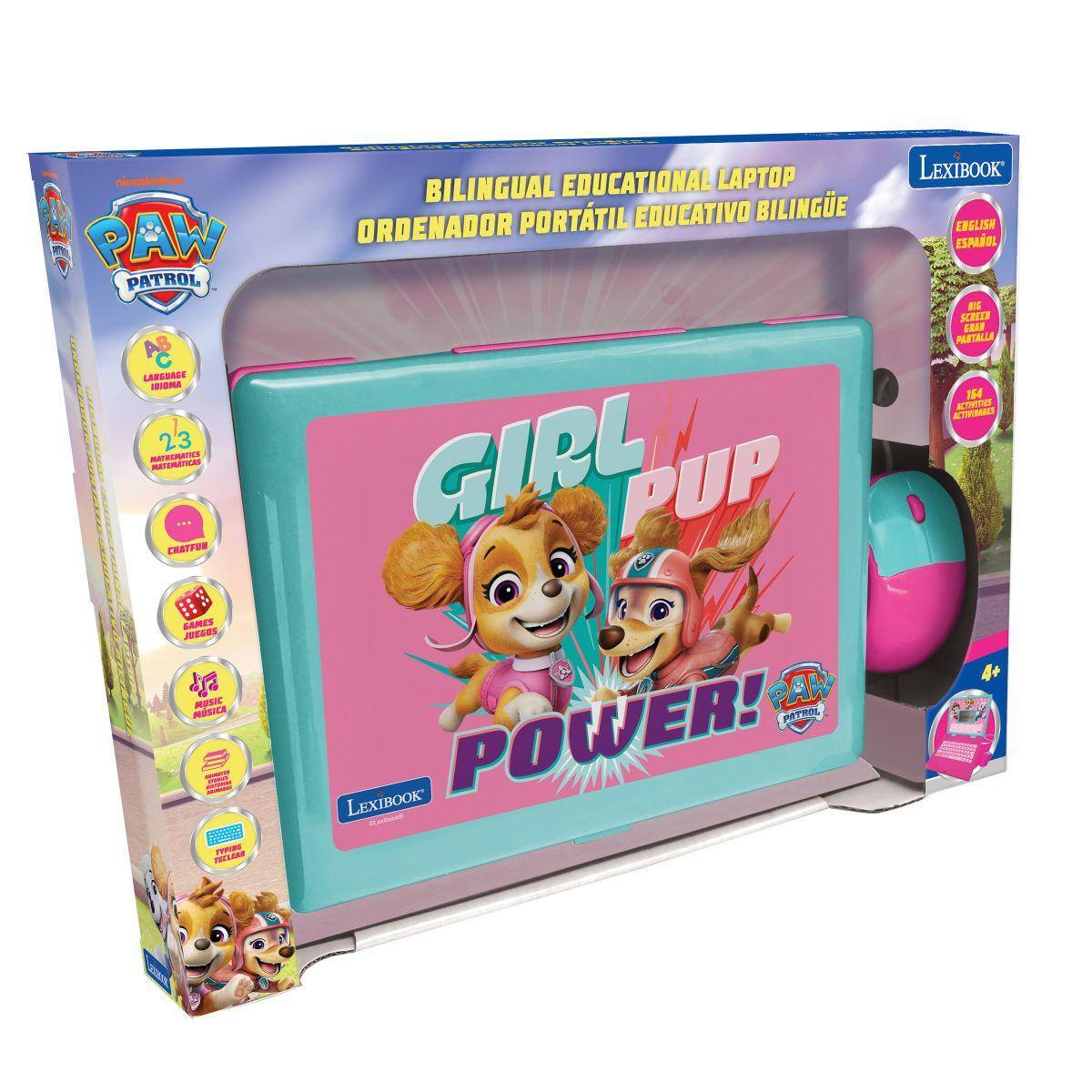 PAW PATROL  
GIRL PUP POWER!  
BILINGUAL EDUCATIONAL LAPTOP  
ORDENADOR PORTÁTIL EDUCATIVO BILINGÜE  
LEXIBOOK  
ENGLISH ESPAÑOL  
2-3 YEARS  
LANGUAGE SKILLS  
MATHEMATICS PATTERNS  
GAMES JUEGOS  
MUSIC MÚSICA  
TELEFONO  
BIG SCREEN  
124 ACTIVITIES  
4+