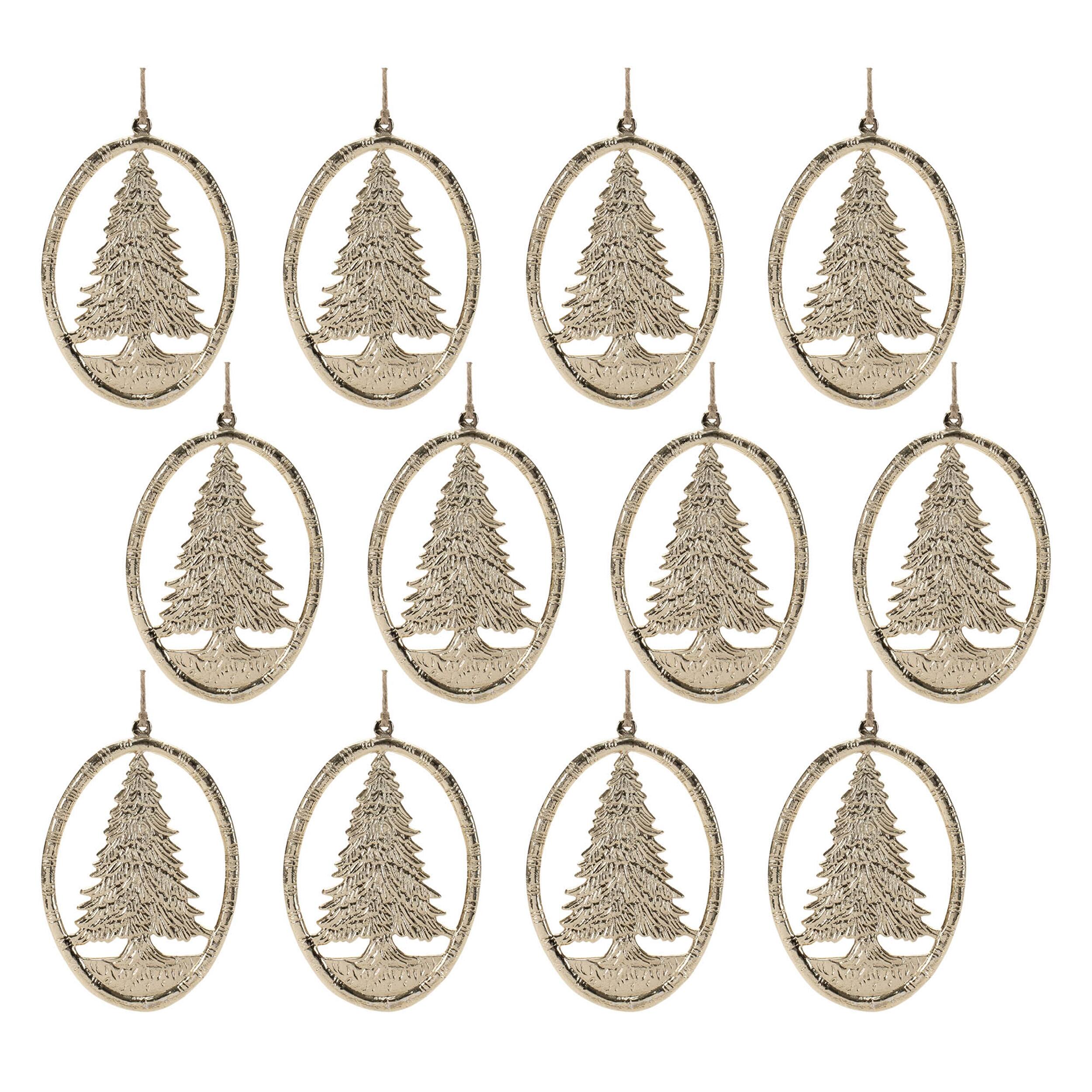 Left. BreeBe - Etched Metal Pine Tree Ornament (Set of 12) - Gold.