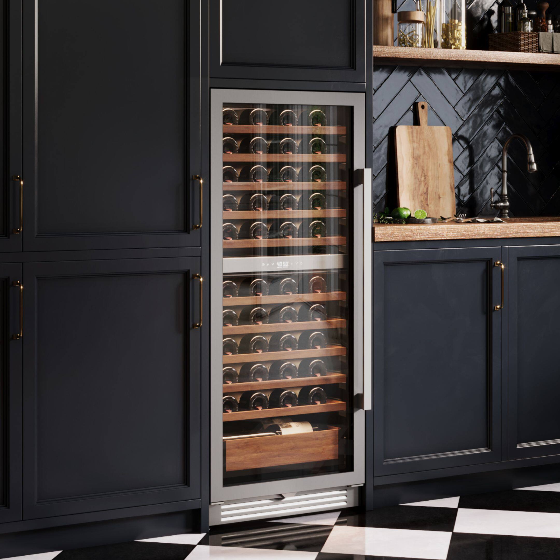 Back. Ca'Lefort - 24 inch 90-Bottle Dual Zone Wine Cooler Refrigerator,Freestanding/Built-In,3-Color LED Light ,For Home Bar & Office - Stainless Steel.