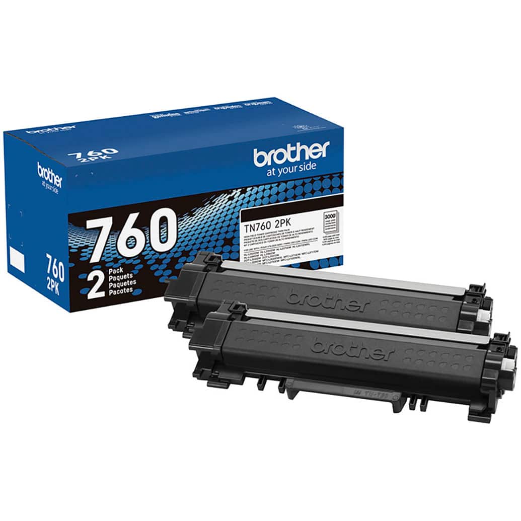 The image features a box of Brother ink cartridges, specifically 760 TN760 2PK, which contains two cartridges. The cartridges are black and have the Brother logo on them. The box is blue and white, and it is placed next to the cartridges. The cartridges are designed for use with Brother printers, providing reliable and high-quality printing.
