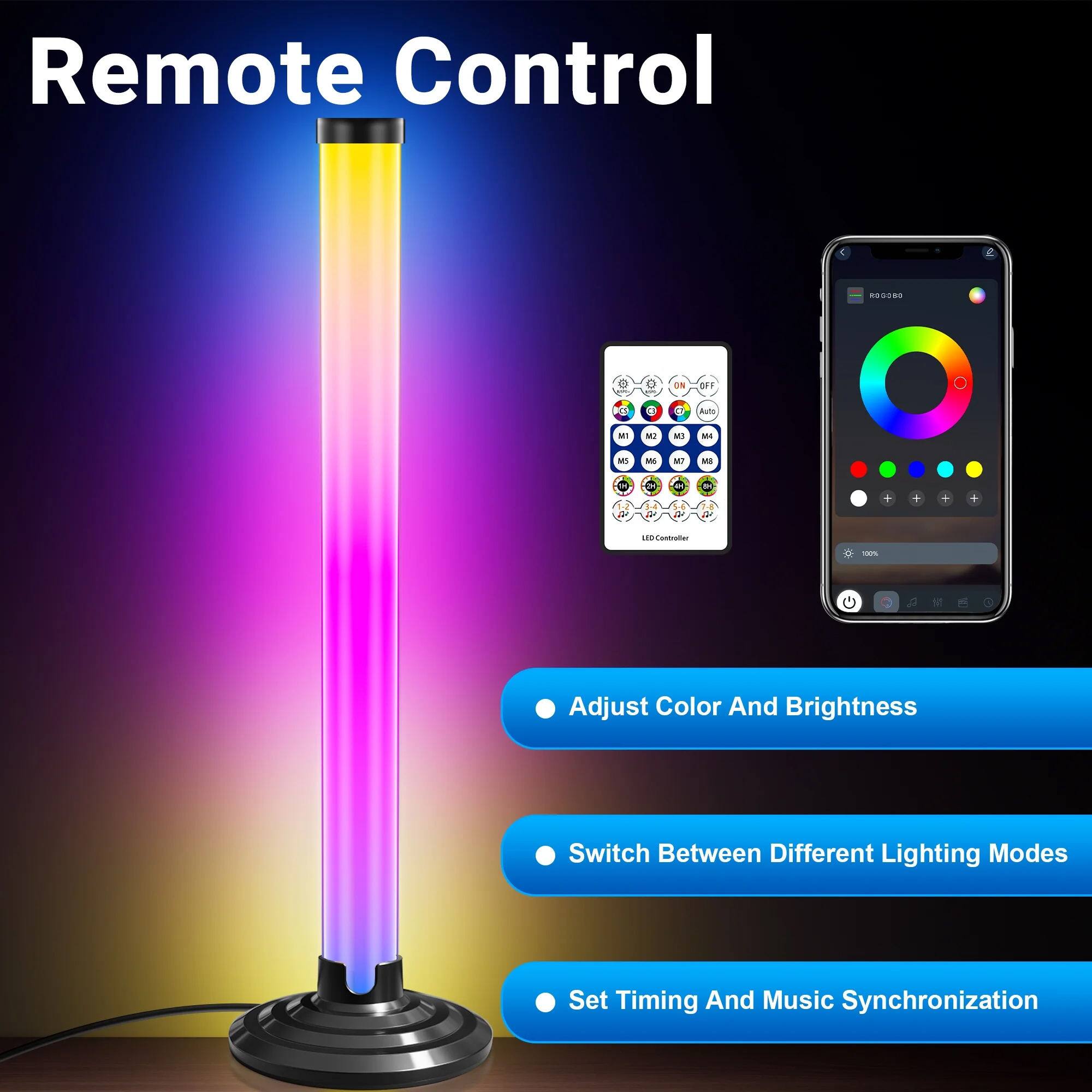Remote Control

- Adjust Color And Brightness
- Switch Between Different Lighting Modes
- Set Timing And Music Synchronization