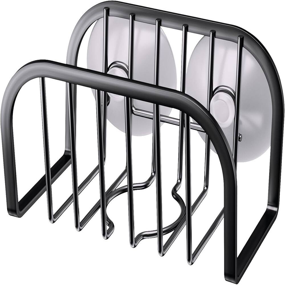 Front. PARKER SLATER - Sponge Holder for Kitchen Sink, Black Stainless Sink Caddy with Stone Tray.