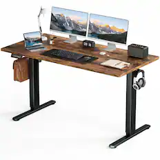 Front. Bestier - Electric Standing Desk - Height Adjustable Office Desk with LED Display, Hooks & Wire Holes - Brown.