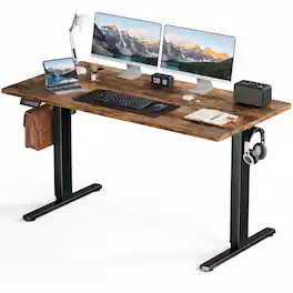 Bestier - Electric Standing Desk - Height Adjustable Office Desk with LED Display, Hooks & Wire Holes - Brown